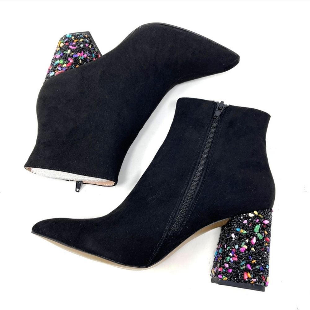 Betsey Johnson Black Suede Ankle Booties with Multicolor Sequin Block Heels